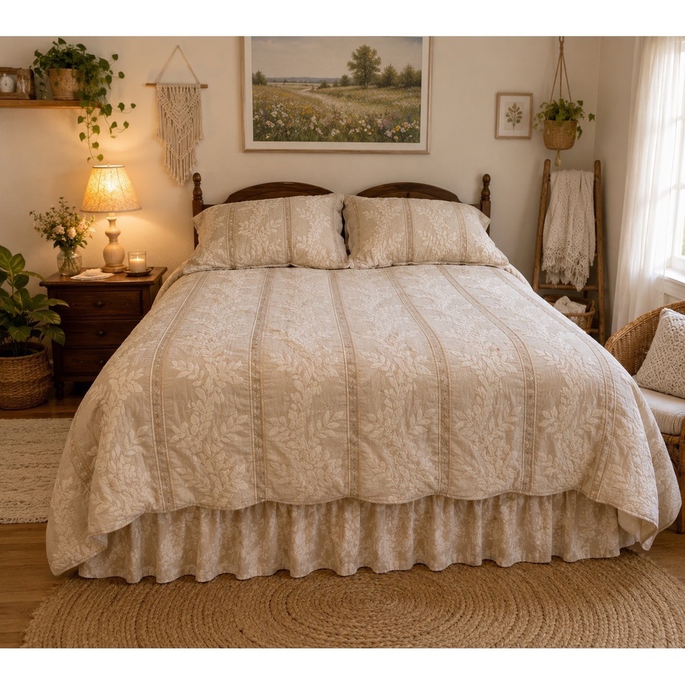 VTG Croscill Embroidered Comforter Set w/ Shams & Dust Ruffle Cream Cottage Chic